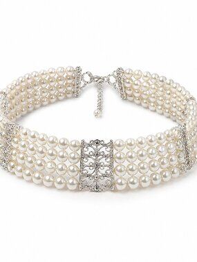 Vintage Faux Pearl Multi-Strand Choker with Ornate Silver Panels – 32–40 cm